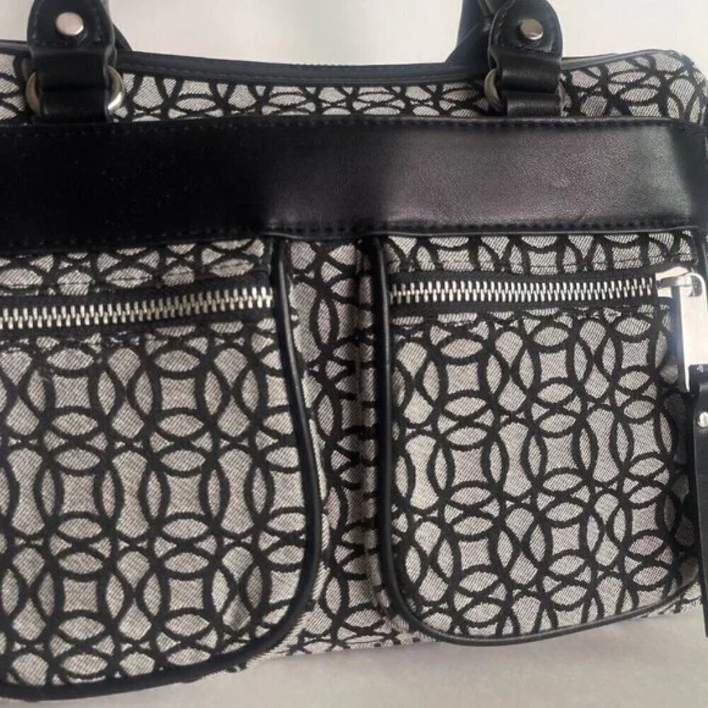 Black White Geometric Bowling Bag Satchel Purse Double Handle Handbag - Picture 6 of 12